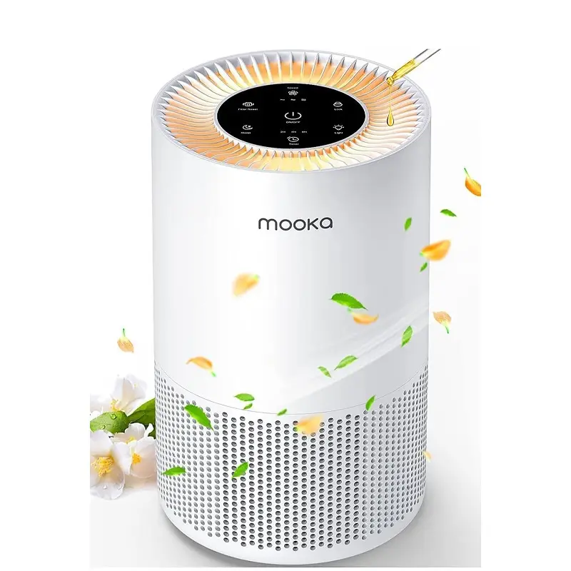 Mooka Air Purifier with True HEPA Filters for Bedroom, Apartment with Fragrance Sponge, cover up to 1200ft², Quiet and Optional Night Light, Allergen