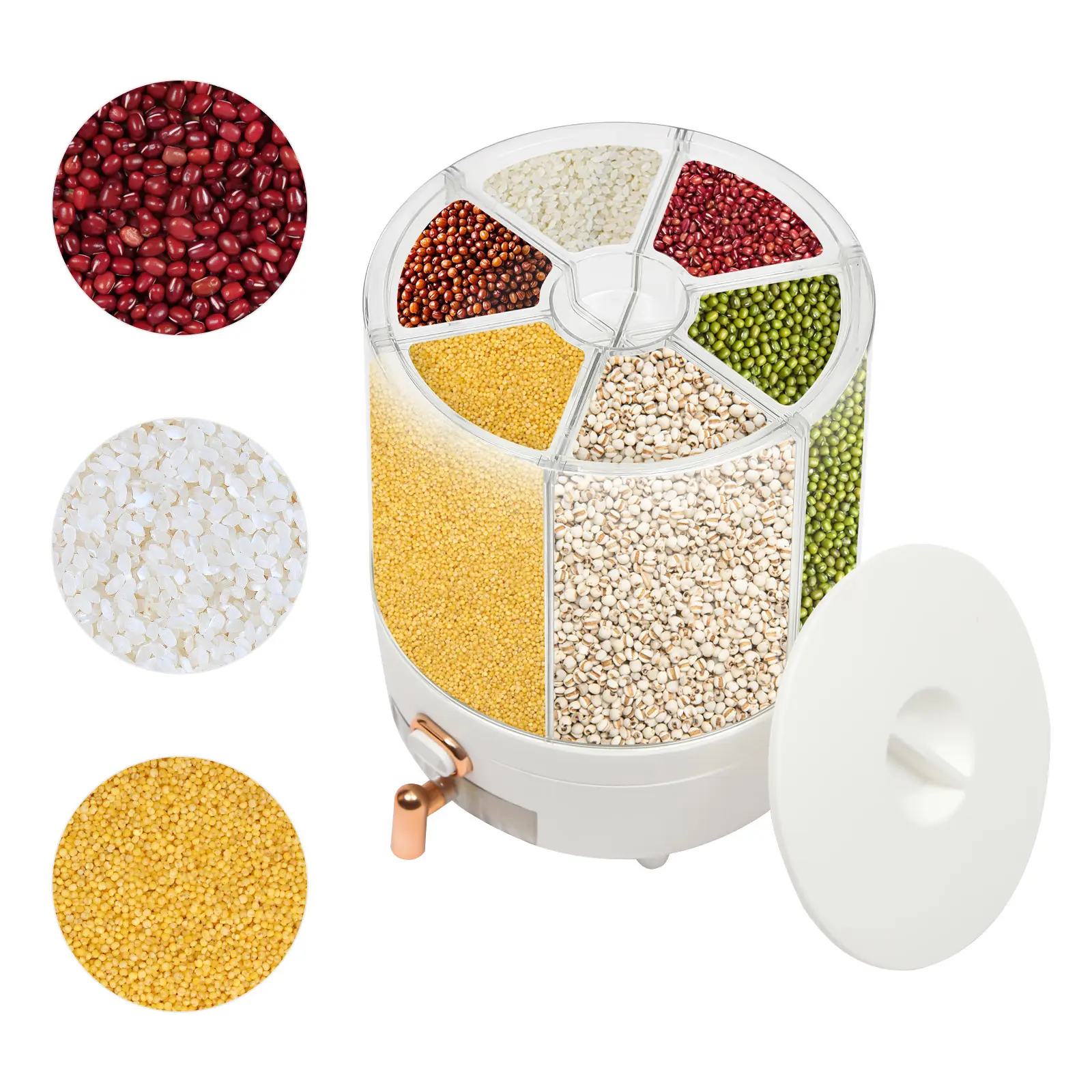 1 Pack Round Countertop Rotating Rice Cereal Dispenser Modern White Transparent PET PP Grain Storage Container With Silicone Tight Seal 360 Degree Rotatable 6 Independent Compartments Visible Design Moisture Proof Dry Grain Organizer For Home Kitchen