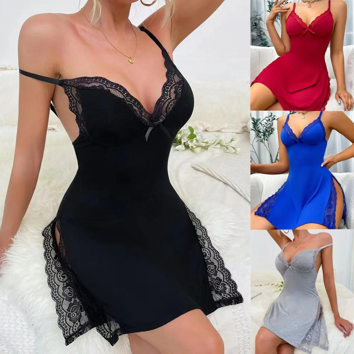 Women's Lace Backless Split Thigh Cami Nightdress, Casual Adjustable Spaghetti Strap Nightwear