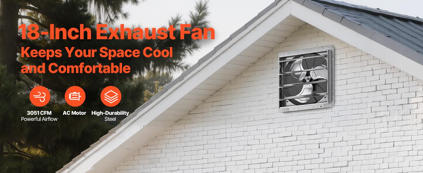 VEVOR 18-Inch Wall-Mounted Ventilation Fan with Auto Louvers, Sturdy Steel Frame, 3051 CFM Flow, Low-Noise AC Motor, Silver - Home Cooling Solutions for Attic, Garage#BacktoSchool