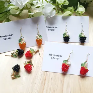 Handmade Glass Raspberry Blackberry Cloudberry Drop Earrings with Cute White Flower and Green Leaf - Gold Plated
