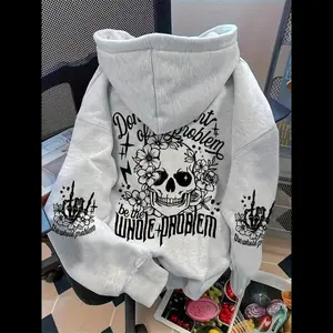 Women’s casual polyester hoodie with geometric skull print, loose-fitting knit fabric, hooded sweatshirt with pocket detail for fall/winter women’s wear, Halloween