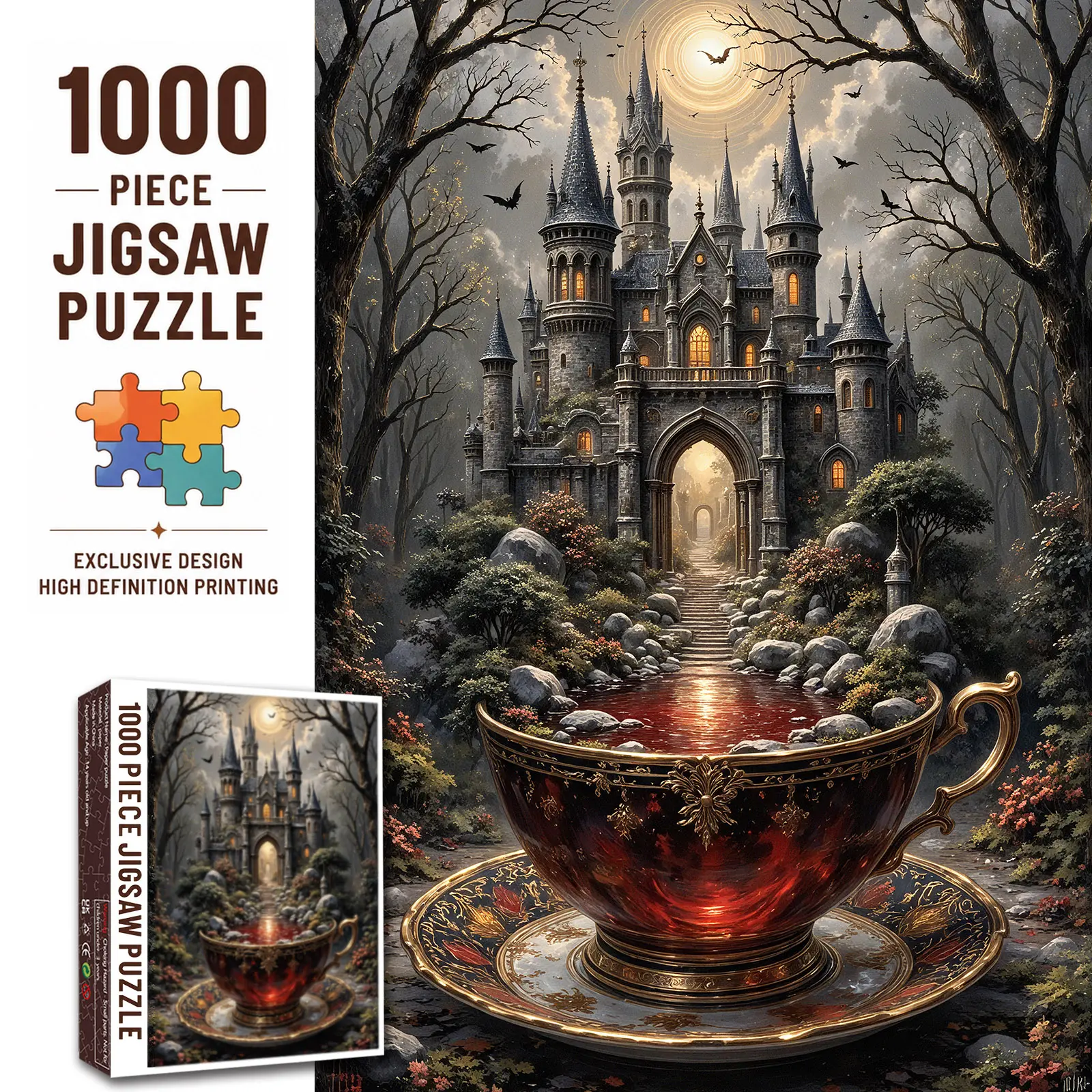 Walarky Gothic Castle Tea 1000 Pieces Jigsaw Puzzle for Adults, Moonlit Fantasy Forest with Vintage Teacup, Challenging Brain Game for Stress Relief Relaxation Family Fun, Gift for Seniors and Fantasy Lovers Wall Decor, 27.5x20inch(70x50cm)