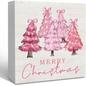 Pink Christmas Tree Wooden Box Sign Desk Decor, Preppy Decorative Signs for Bathroom Bedroom Dorm, Merry Christmas Home Shelf Desk Decor Home Decor Products 5x5 Inch