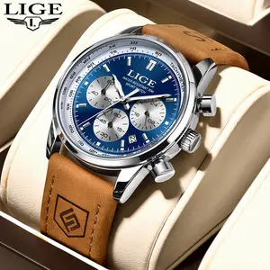 LIGE Leather Strap Fashion Sports Chronograph Casual Quartz Watch with Tachymeter Calendar Waterproof Luminous Outdoor fun Perfect Fathers Day Gift