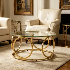 31.5"Modern Round Glass Top Coffee Table with Circular Metal Frame, Contemporary Accent Center Table for Living Room, Office, and Lounge(Clear Glass + Gold Frame)