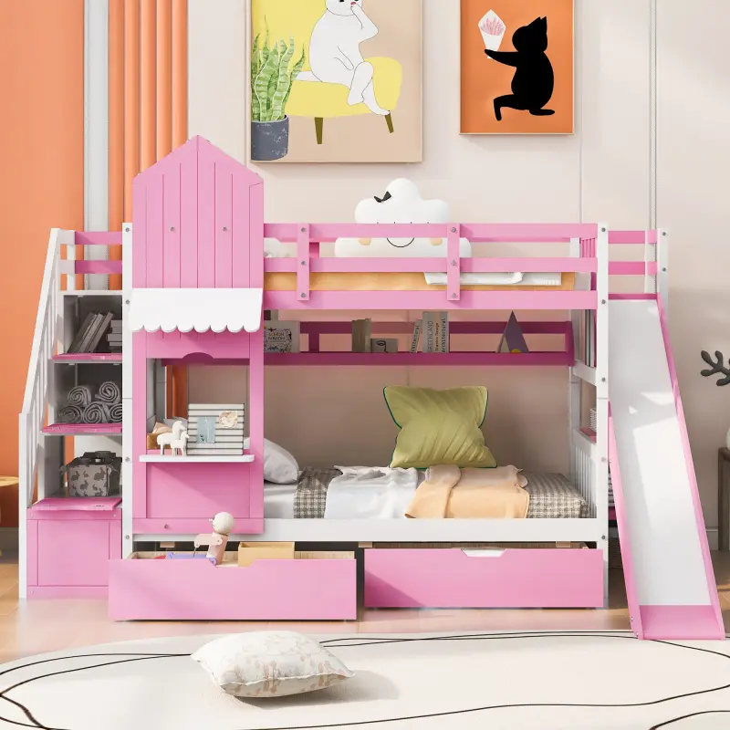 Twin Over Twin Bunk Bed for Kids, Castle Bunk Beds with 2 Drawers 3 Shelves and Slide, Solid Wood Twin Bunk Bed for Kids Girls Boys Teens (Pink)