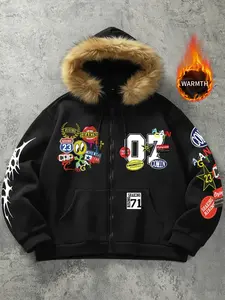 Men Women Winter Streetwear Parka Coat, Cartoon Patchwork Jacket, Loose Fit Couple Outerwear, Y2K Racing Stripe Sleeves
