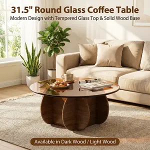 Round Glass Coffee Table,31.5" Modern Coffee Table with Glass Top and Wood Base,Unique Circle Center Table for Living Room, Small Space Coffee Table for Apartment & Office