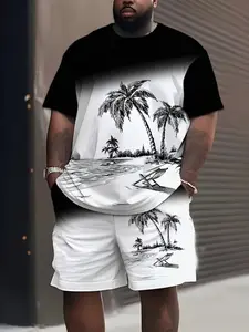 Men's Large Size Beach Style Tropical Menswear Set, Palm Tree Illustration Geometric Short Sleeve Top Shorts Casual Outfit Combination, Loose-Fitting All Seasons