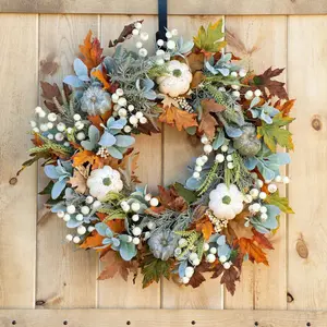 Halloween Fall Pumpkin Wreath Front Door Decor, 17.72inch Farmhouse Autumn Wreath with Maple Leaves Roses Pumpkins Berries, Decoration, Artificial Flower Wreath