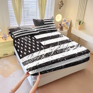3Pcs Black and White Distressed American Flag Fitted Sheet Set, Decorative Bedding Set, Grunge Style Bedding with Vintage Aesthetic, High Contrast Design, Perfect for Rugged Bedroom Decor and Gift Ideas, No Pillow Core, Striped Bed Sheets