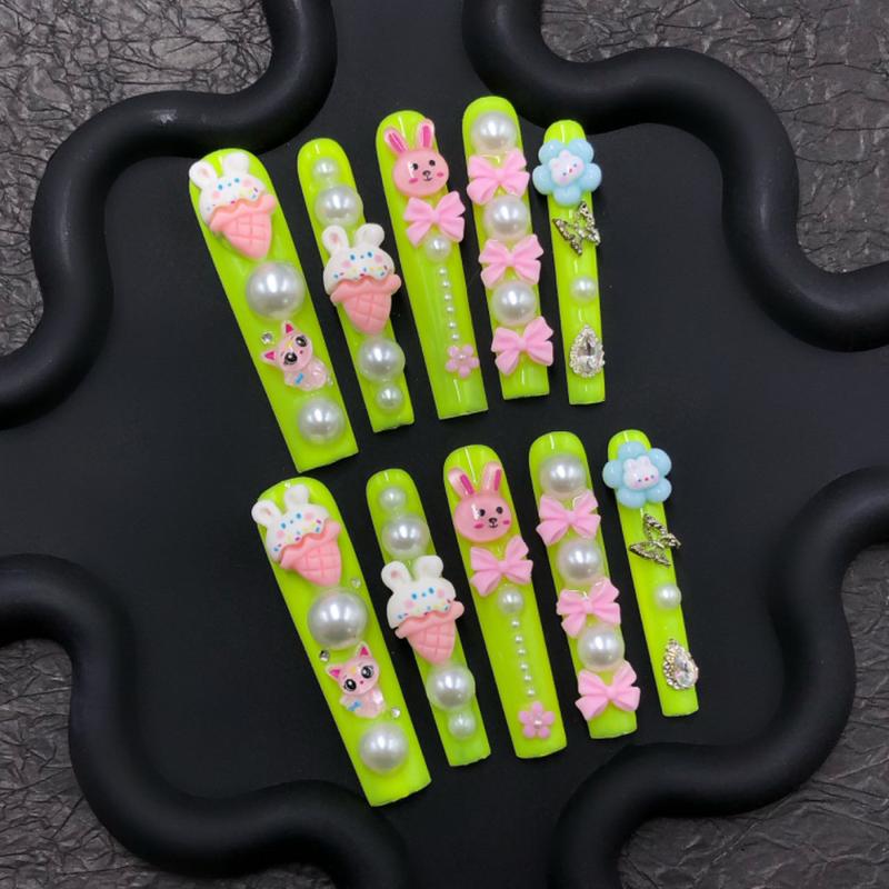 KissMuse | 3DPinkish Cang Bow Tie Press On Nails with Long Coffin, Adorable 3D Flower, Bear & Heart Designs for Easter Celebrations and Daily Elegance