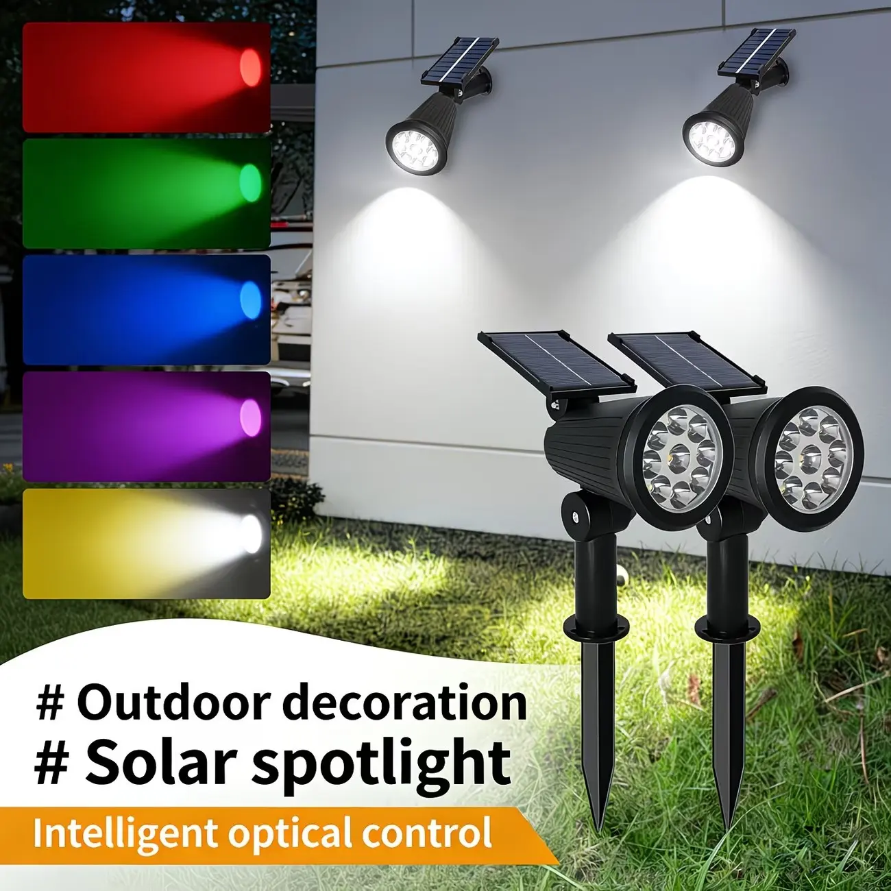 Solar Landscape Spotlights, In-Ground/wall Mount Dual Use, 9 LED /color Lights, Adjustable Angle, Smart Light Control, Outdoor Garden Lawn Park Tree Flower Bed, Solar Patio Lights, Garden Glow Light, Solar Powered Lighting