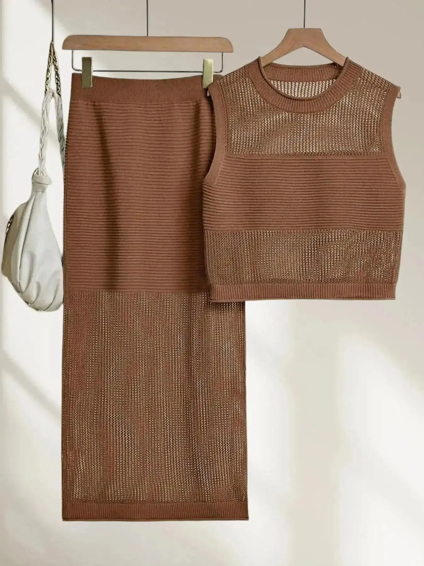 Summer Elegant Hollow Out Vest Dress Two-Piece Set, Womenswear Fashion Casual Versatile Beach Vacation Knit Ice Silk Suit, Loose-Fitting Regular Length Clothes, Outfit, Must Have Item, Simple Style, Everyday Comfort