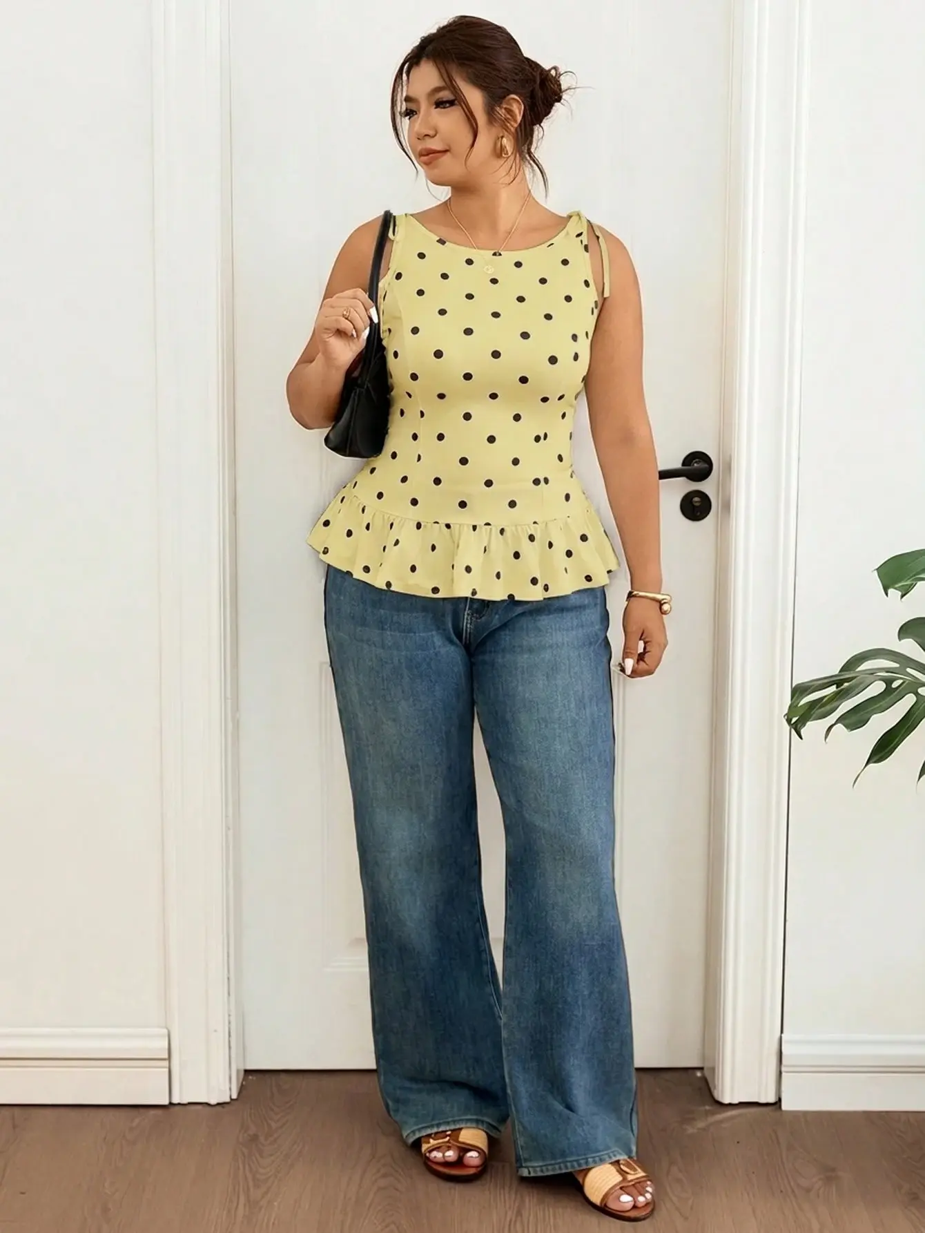 LALUZ Plus Size Polka Dot Black Tie Shoulder Design Casual T-Shirt Loose Fit Comfortable Versatile Top