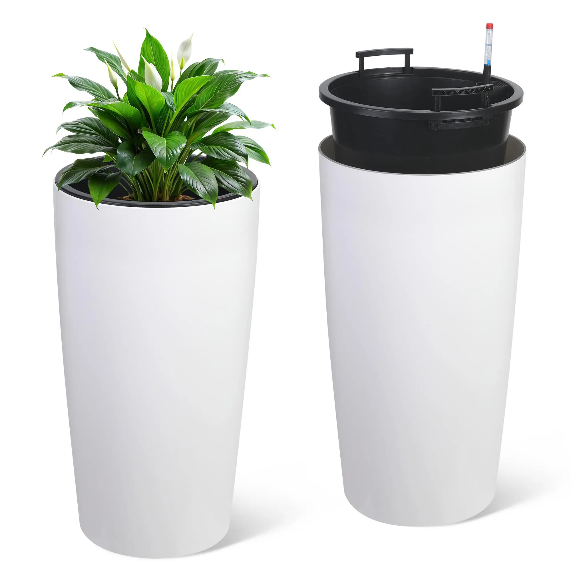 GARVEE 2-Piece Self-Watering Tall Garden Planter Set - 22in & 30in Modern Plastic Decorative Black Flower Pots with Water Level Monitor, Inner Bucket, Drainage Hole System - Indoor Use, Modern Flower Pots