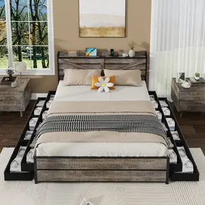 Queen/King Bed Frame with Storage Headboard and 12 Drawers , Metal Platform Non-Slip Without Noise Mattress Foundation Strong Metal Slats Support,No Box Spring Needed