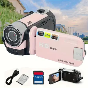 1080P HD Camcorder with 16X Digital Zoom, 270° Flip Screen, Wide Angle Video Camera, Portable Vlogging Recorder with 32GB Card, USB Rechargeable, for Travel, Concerts, Parties & Outdoor Use