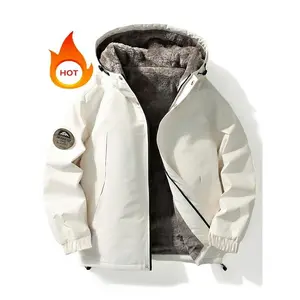 【Plus Size】 Solid Pocket Drawstring Zip Up Hooded Jacket, Casual Long Sleeve Thermal Lined Outerwear for Fall & Winter, Men's Clothes for Outdoor Activities