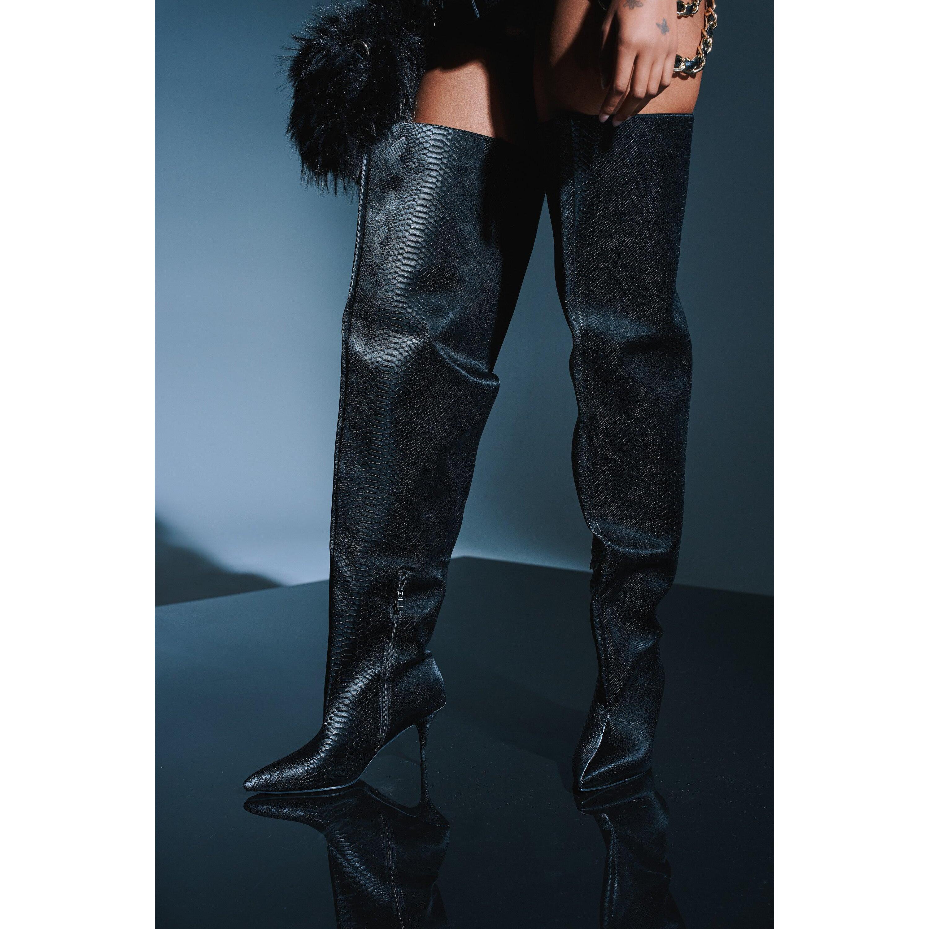 AZALEA WANG HALINA BLACK SNAKE THIGH HIGH BOOT