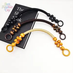 DIY Handmade Wooden Bead Bag Handle, Retro Jute Woven Bag Strap, Vintage Woven Rattan Beaded Handbag Handle Replacement
