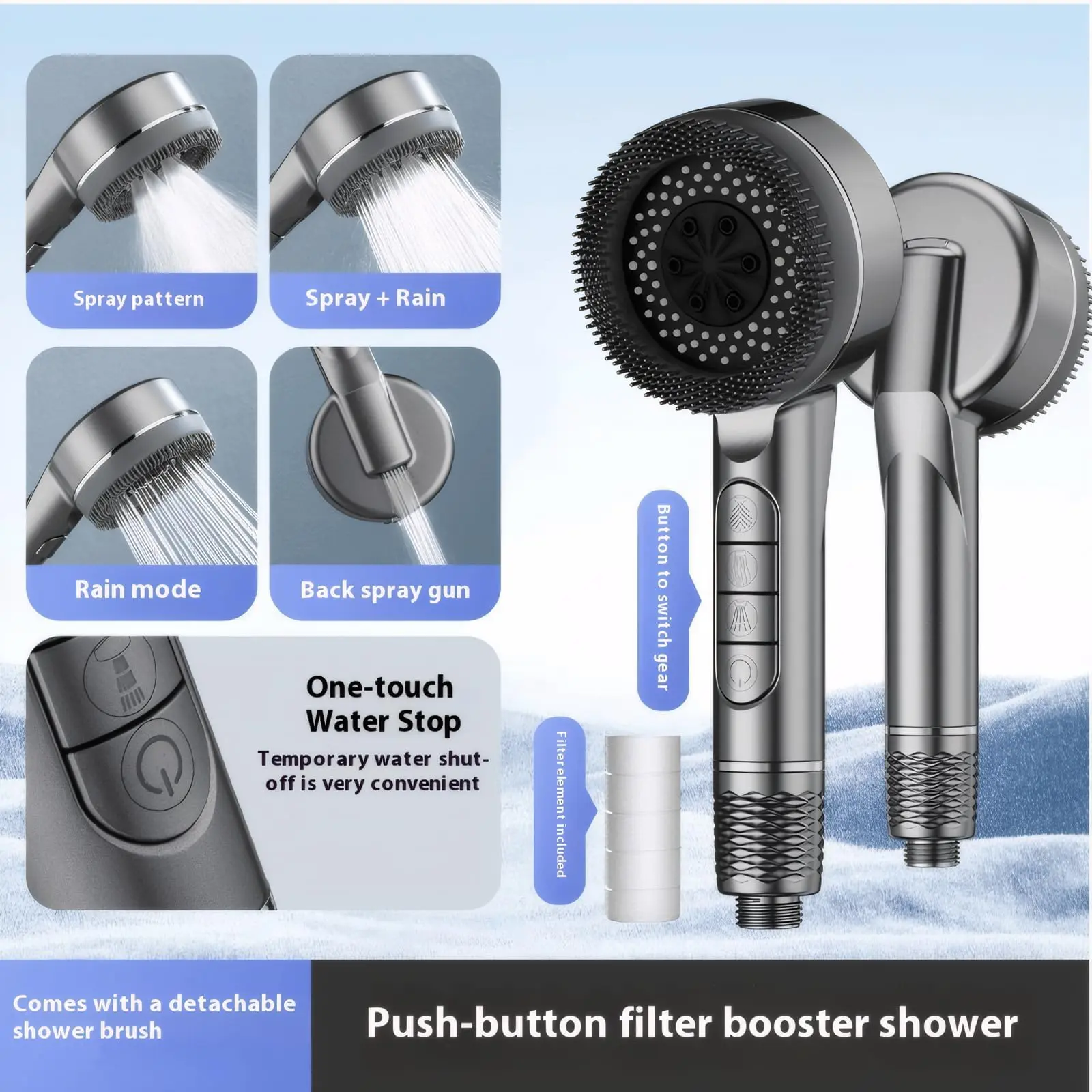 Filtered Shower Head with Handheld, High Pressure Shower Heads - 4 Spray Modes, Power Wash for Pets Bath, ON/OFF Switch & Water Saving Design (Deep Gray)