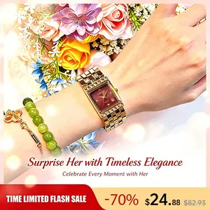 Vintage Gold Square Watch for Women Red Dial Greek Key Style Luxury Quartz Wristwatch Stainless Steel Bracelet Classic Elegant Dress Watch Waterproof Fashion Casual Business Watch Perfect Date Night Anniversary Birthday Holiday Gift for Her