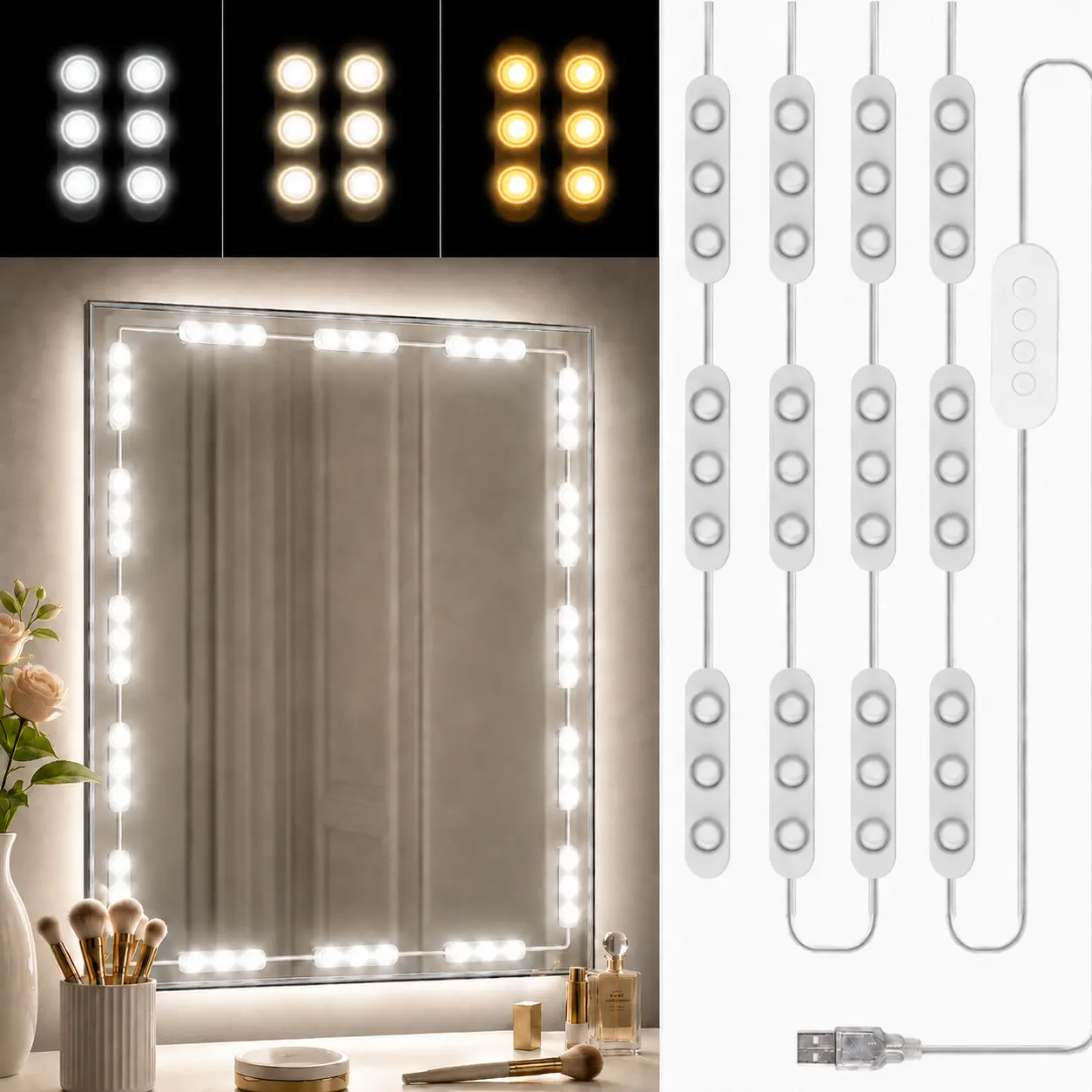 LED Vanity Mirror Lights, Hollywood Style Vanity Makeup Light, 10FT LED Mirror Lights, 3 Color Modes, 10 Brightness Levels, Dimmable Touch Control, USB Powered, for Makeup Vanity Table & Bathroom Mirror