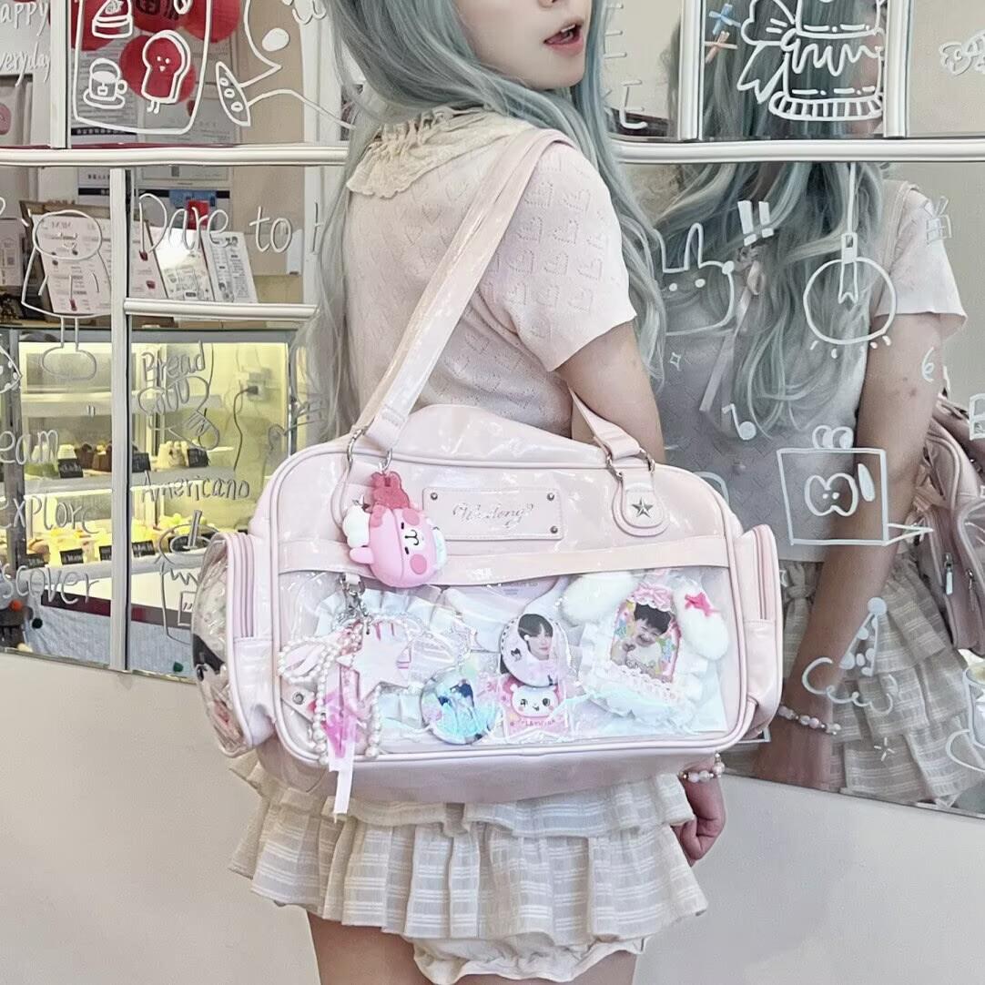 Large Capacity Ita Bag with Star Accent, Transparent Pocket Anime Badge Display Tote Bag, Kawaii Aesthetic Anime Merch Bag for Cosplay & Daily Use, Cute Casual Shoulder Bag for Anime Girls