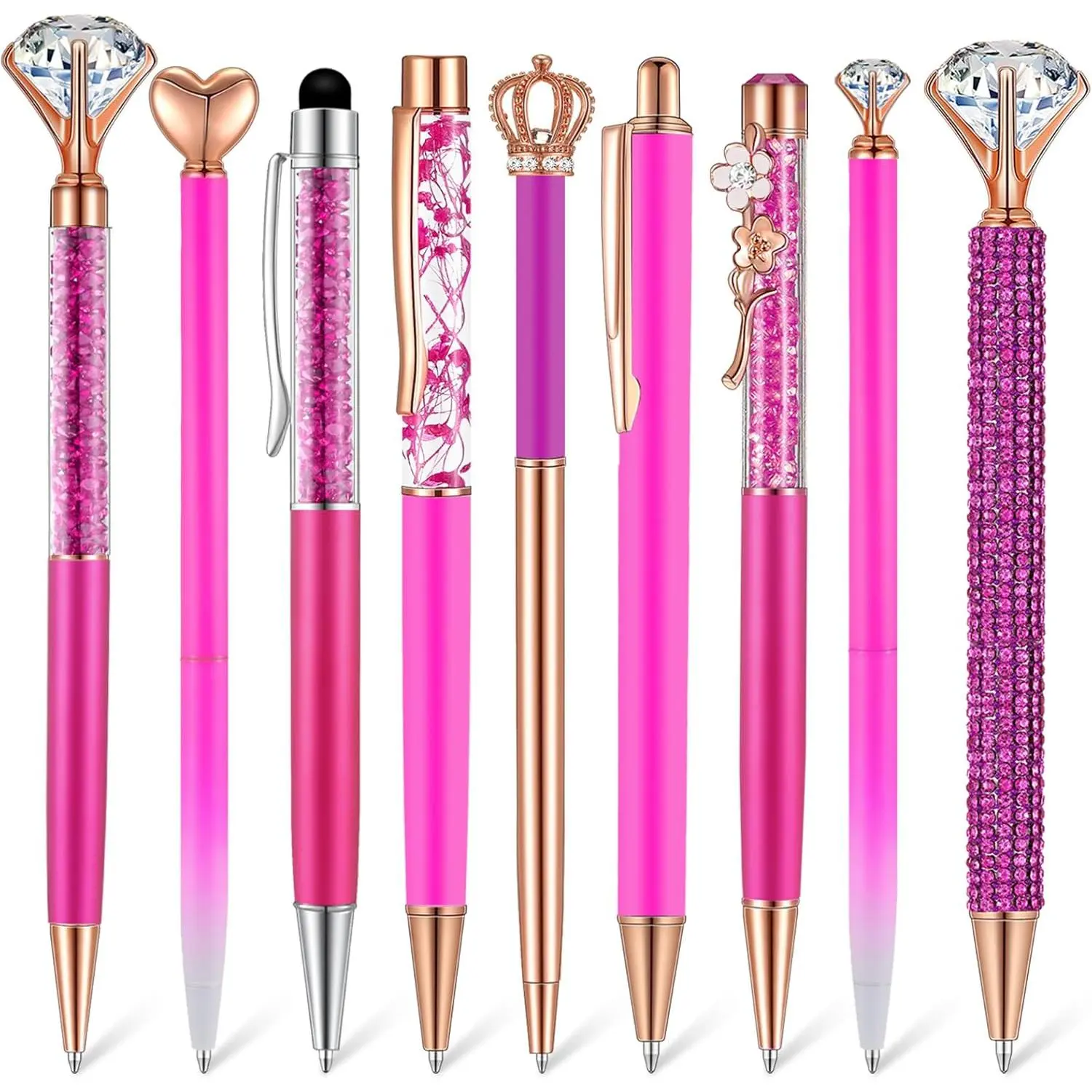 9 count Ballpoint Pens Set Metal   Glitter Pens for Journaling Black Ink Pretty Cute Things Fancy Stationery Gifts for Women Girls Birthday  Office Desk(Fluorescent )