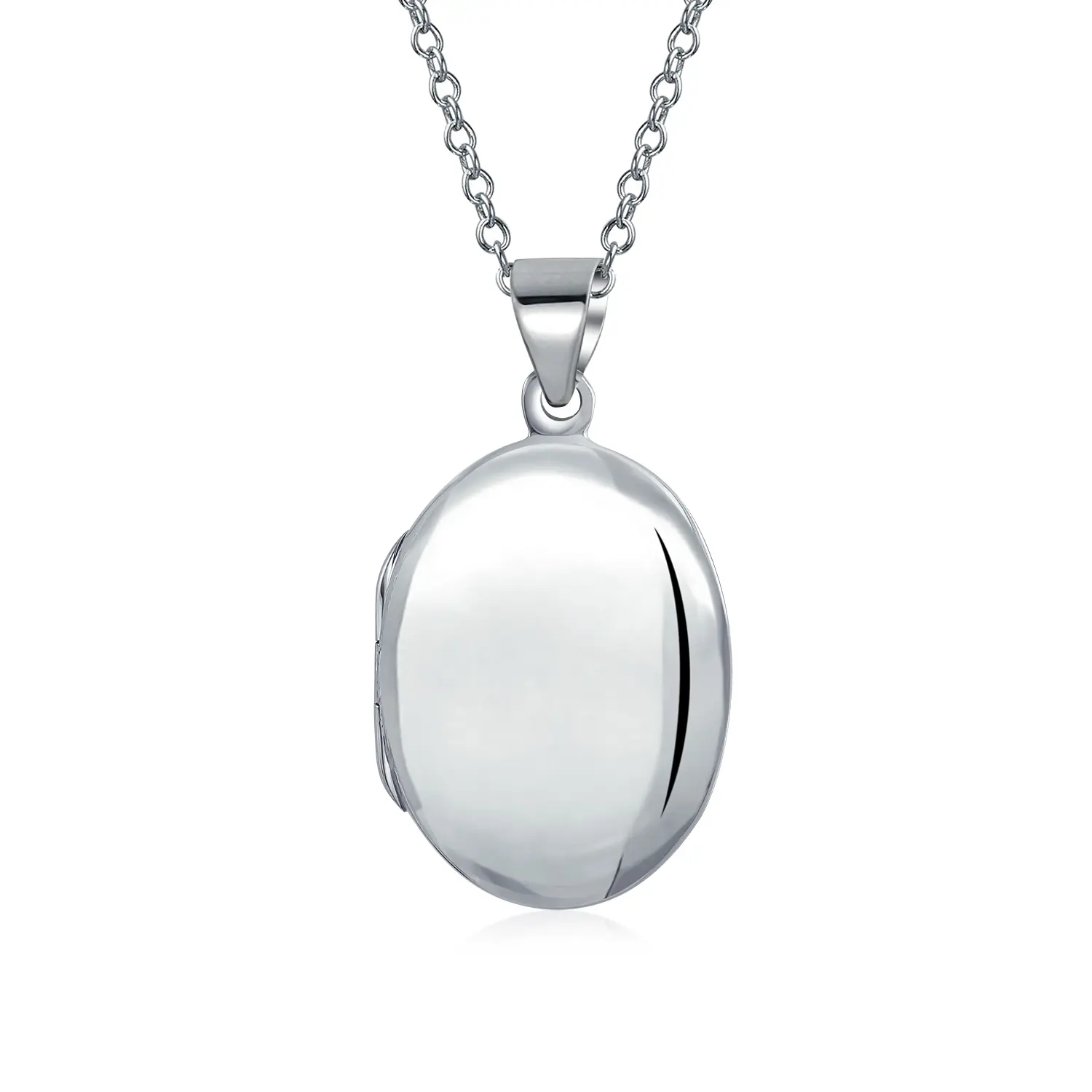 Medium Simple Plain Oval Photo Locket .925 Sterling Silver Necklace Pendant