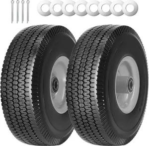 2Pack 10 x 4.10/3.50-4" Solid PU Run-Flat Tire Wheel with 5/8"Axle Bore Hole 2.24" Offset Hub Double-Sealed Ball Bearings for Wagons Wheelbarrows Hand