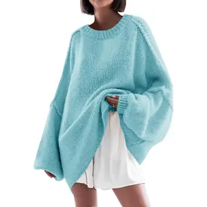 Imily Bela Womens Oversized Sweater Chunky Crew Neck Long Lantern Sleeve Knit Fall Trendy Tunic Sweaters Top