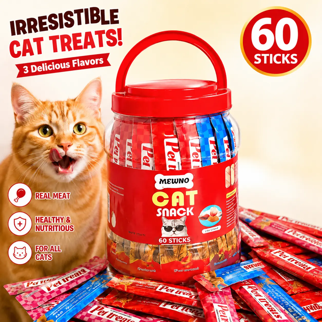 Bulk 60 Pack Lickable Cat Puree Treat Sticks, 3 Mixed Flavors Grain-Free Squeeze Wet Cat Food Topper, High Moisture Soft Kitty Snack Tubes for Picky Kittens, Adult & Senior Cats, Reusable Portable Storage Bucket