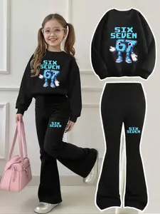 Girls' Cartoon Sweatshirt & Bell Bottoms Set, Sweatshirt with Blue Block Print, Casual Fit, All Seasons, Comfortable and Stylish, Girl Clothes School