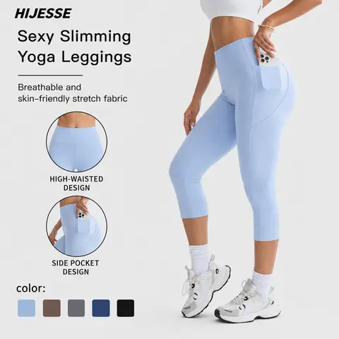 Hijesse Women's Summer 7/8 Leggings High Waist Stretchy Slim Fit Tummy Control with Pockets Casual Work Out Gym Travel Daily Outdoor Wear