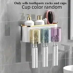 1 set Space-Saving Wall-Mounted Bathroom Storage Rack, Includes Low-Allergen Toothbrush Holder, No Squeezer, Easy Organization