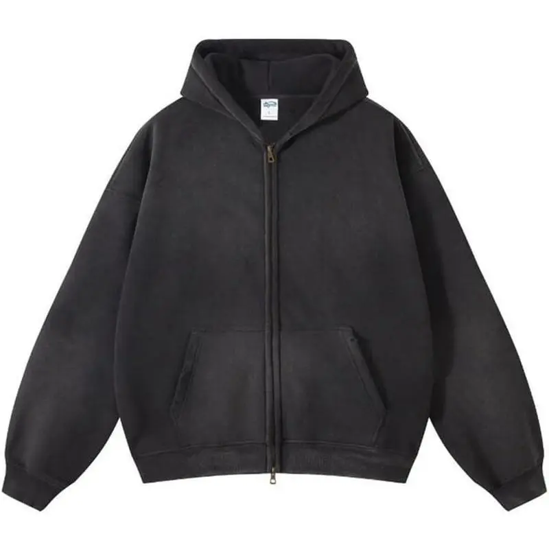 Men's Vintage Acid Wash Boxy Zip-Up Hoodie Jacket - Heavyweight Fabric Long Sleeve Casual Streetwear Sports Top for Everyday Wear