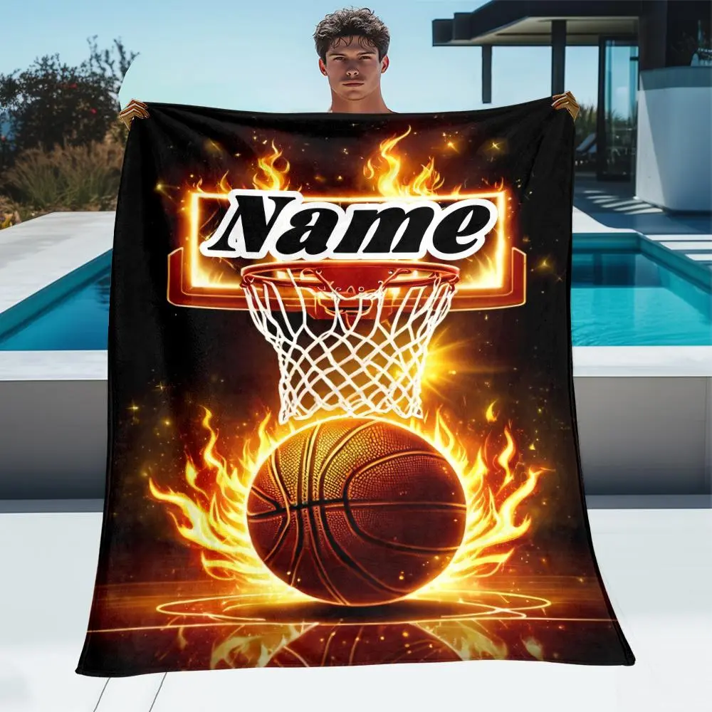 Personalised Full Digital Print Polyester Flannel Blanket - 1pc Custom "The Basketball And The Basket Were on Fire" Design, Lightweight Warmth, Multi-Size, Portable Throw for Sofa, Travel, Office