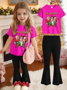【Two-piece set】Girls' Christmas fashion set: a T-shirt with unique Christmas cartoon character prints + casual flared pants. Eye-catching outfits for the holiday, essential trendy clothes for children during the Christmas season. The bag is not included.