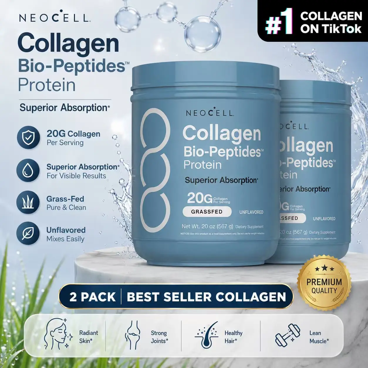 2X NeoCell Collagen Peptides Powder, 20oz Grassfed Protein Supplement - 18 Essential Amino Acids-Enhanced Health & Beauty Nutritional Support