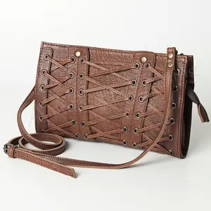 American Darling Wallet Bag Genuine Vegetable Tanned Leather Western Purse with Lace-Up Detail and YKK Zipper