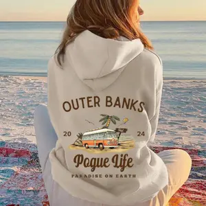 Outer Banks Pogue Life Hoodie, Paradise on Earth Graphic Design, 2025 Beach Van Print, Trendy Coastal Vibes Pullover, Top Womenswear
