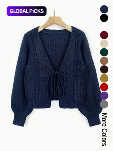 Women's Solid Loose Drop Shoulder Long Sleeve Cardigan, Lady Knitting Tops, Minimalist Casual Tie Front Knitwear With V Neck For Fall & Winter