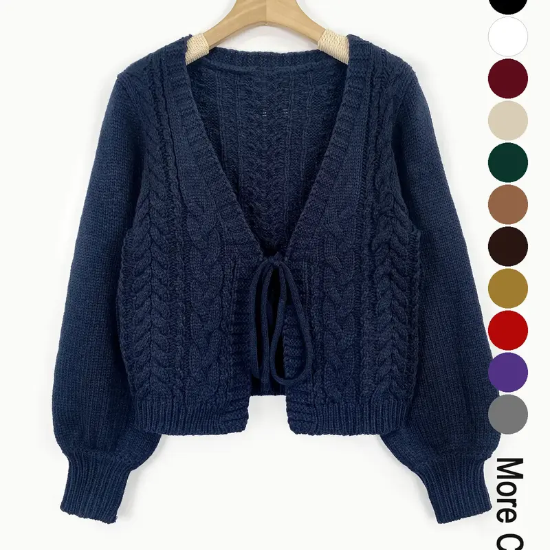 【Black Friday】Women's Solid Basic Loose-Fit Drop Shoulder Long Sleeve Cardigan, Ladies Knitting Tops, Minimalist Casual Tie Front V Neck Knitwear for Fall & Winter