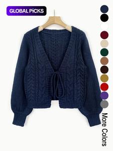 women's solid long sleeve tie front sweater knitting cardigan, casual v neck lantern sleeve knitwear for spring, vneck cardigan for women, crochet top, tops for women, women clothing for daily wear, vintage clothing, winter womenswear