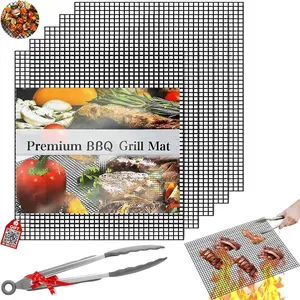 Set of 3 Non Stick BBQ Grill Mesh, Heavy Duty, Mesh Grill Mat + Tong + Code QR with 30 Recipes, Easy to Clean, Works  Gas, Charcoal, Electric Grill