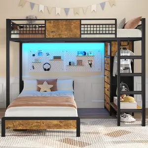 ADORNEVE Full Over Twin Bunk Bed with 8 Storage Drawers, Metal Loft Bed with Led Lights & Storage Shelves, Bunk Beds Twin over Full Size with 13.4" H Safety Guardrail & Ladder, for Kids & Teens