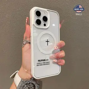 Cross Bible Verse Quotes Aesthetic Pattern Phone Case Supports Wireless Charging for iPhone 15 16 14 Pro Max 13 12 11 Plus Shockproof Non Slip Protection Silicone Transparent Acrylic Cover Cellphone Protective Protector Casing Smartphone
